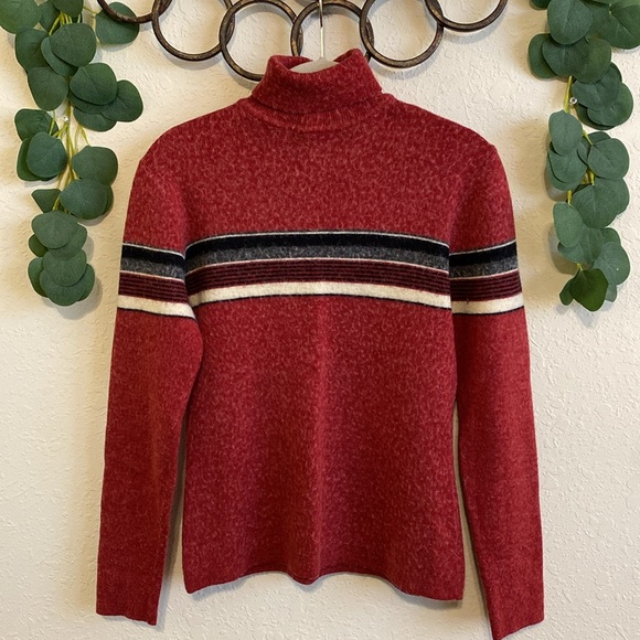 SOLD❣️❣️Vintage 90s Old Navy Wool Blend Red Striped Turtleneck Knit Sweater✨ - Picture 2 of 6